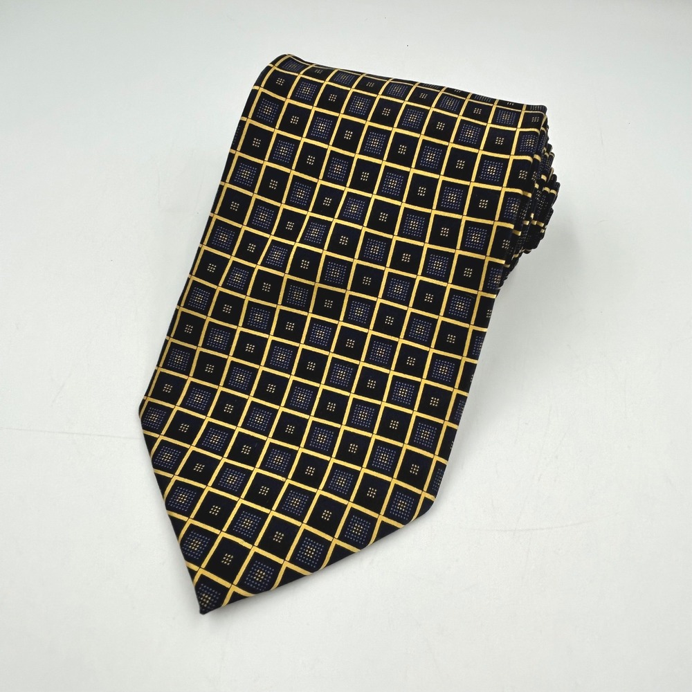 Boca Classics Necktie Navy Yellow Mens 100% Silk Geometric Grid EUC 58 x 3.5 in